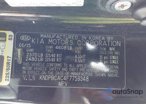 2015 Kia Sportage Lx из США, поврежденный, VIN KNDPBCAC4F7759348